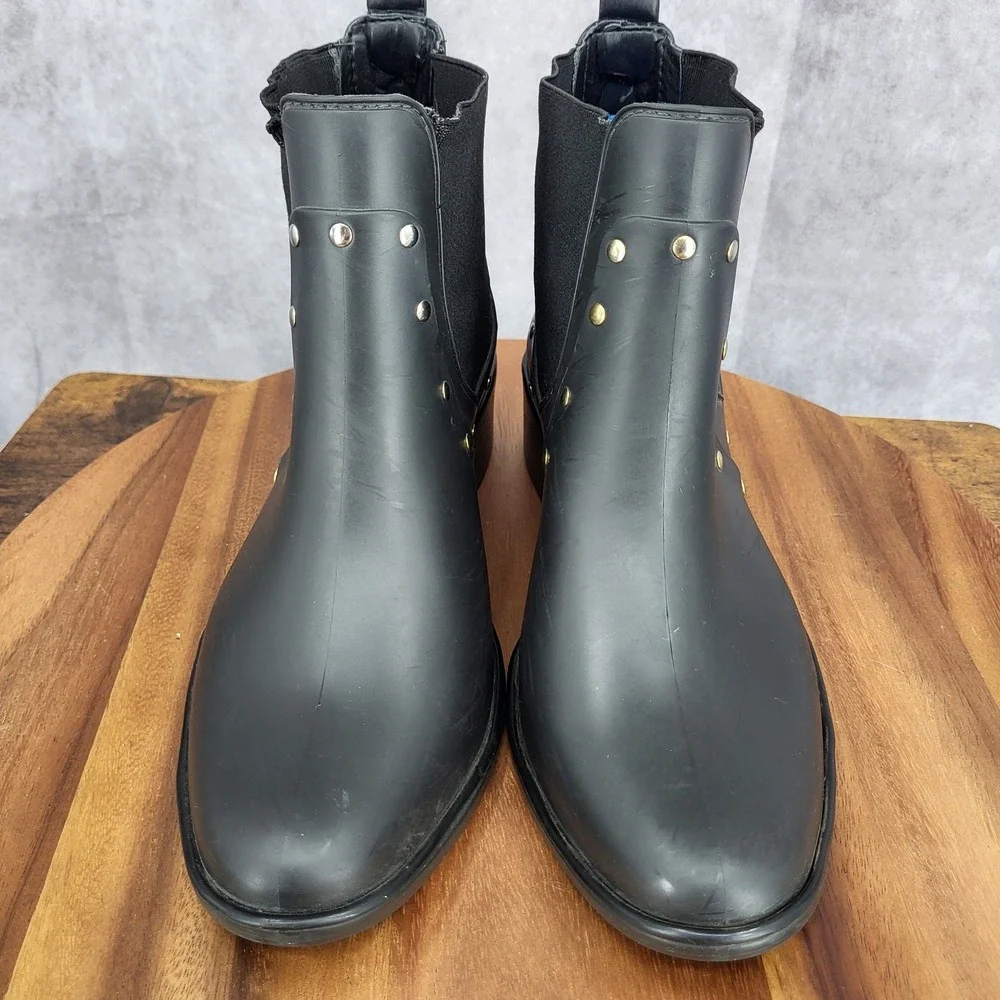 Kate Spade Chelsea Rain Boots‎ Womens 10 / 11 Black Gold Studded Water Resistant